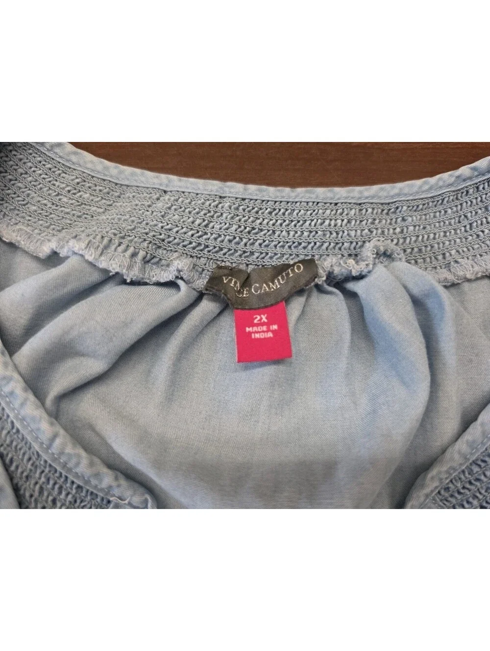 Vince Camuto Tencel Chambray Tie Front Top Smocked Waist Light Blue 2X Plus Size - Picture 3 of 6